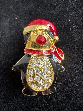 Vintage-style, gold-tone Christmas penguin brooch red enamel clear rhinestones